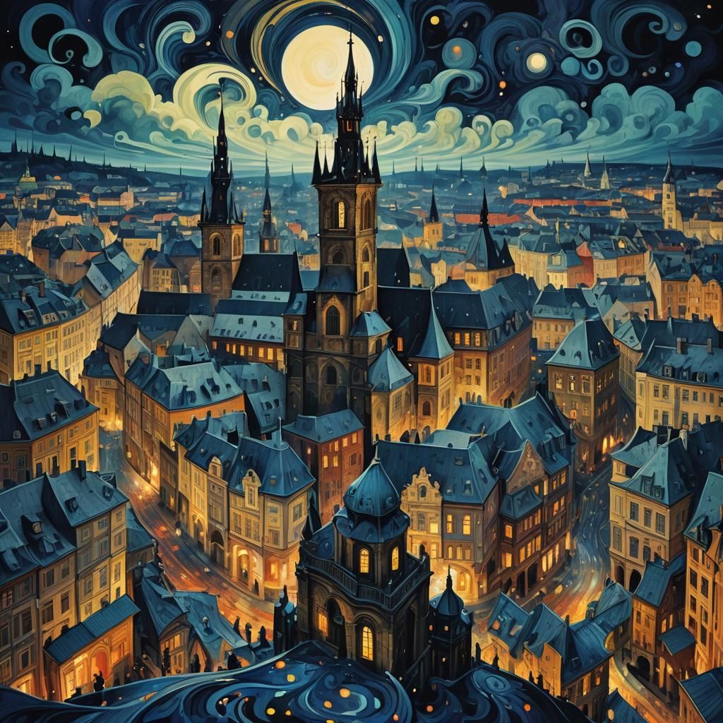 Psychedelic Prague Cityscape in Maximalist Style