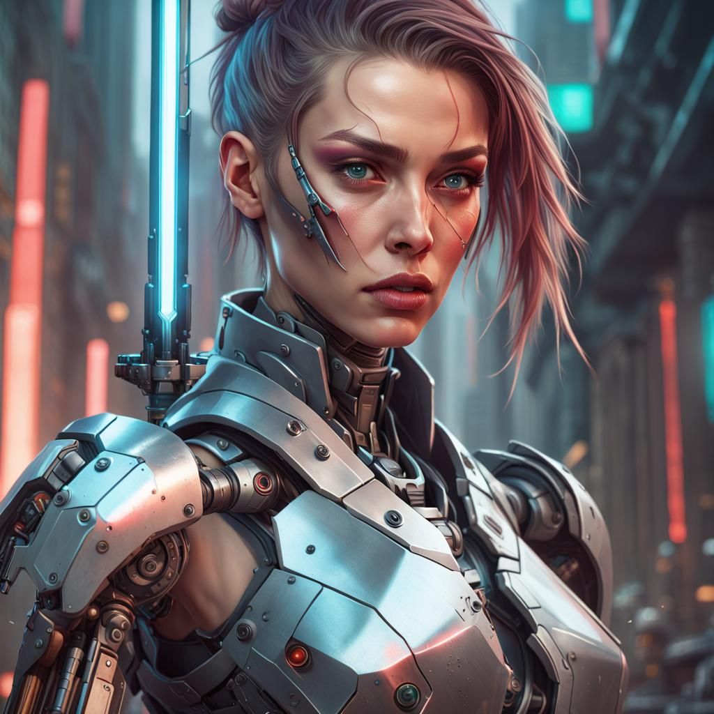 Cyborg Woman Battles Robot in Cyberpunk Action Scene