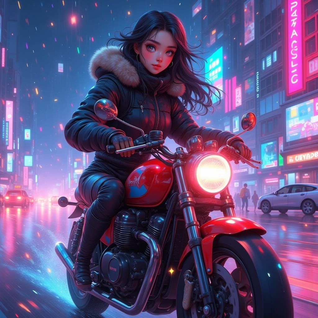 Anime Rider in Neon Cyberpunk City