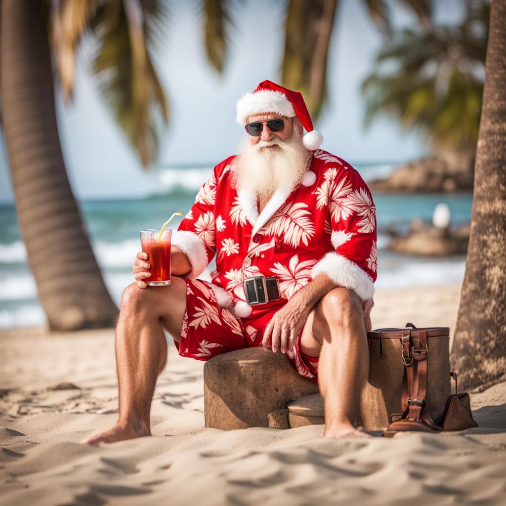 Santa Claus on Vacation: Beach Scene in Hawaii
