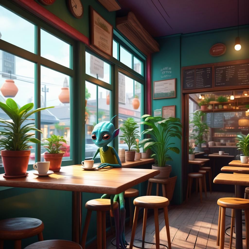Cozy Coffee Shop Scene with Alien Visitor