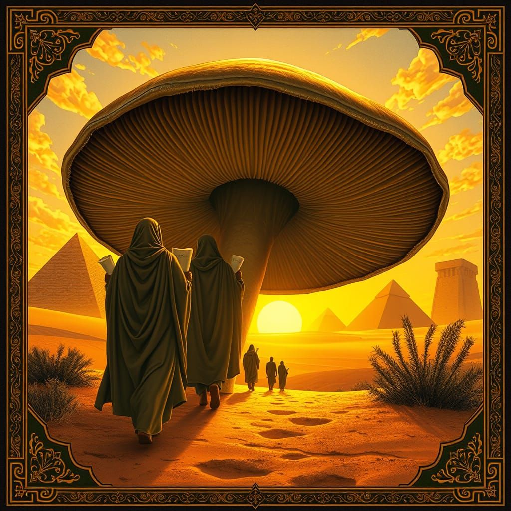 Mythical Figures Emerge from a Giant Mushroom in a Golden Su...