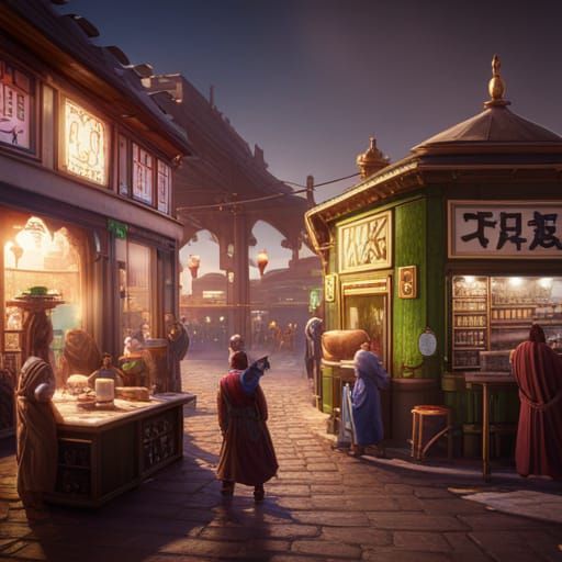 Busy Milk Tea Shop in Detailed Matte Painting Style