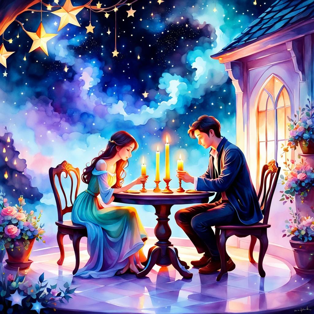 Romantic Couple's Candlelit Dinner: Mystical Watercolor Art