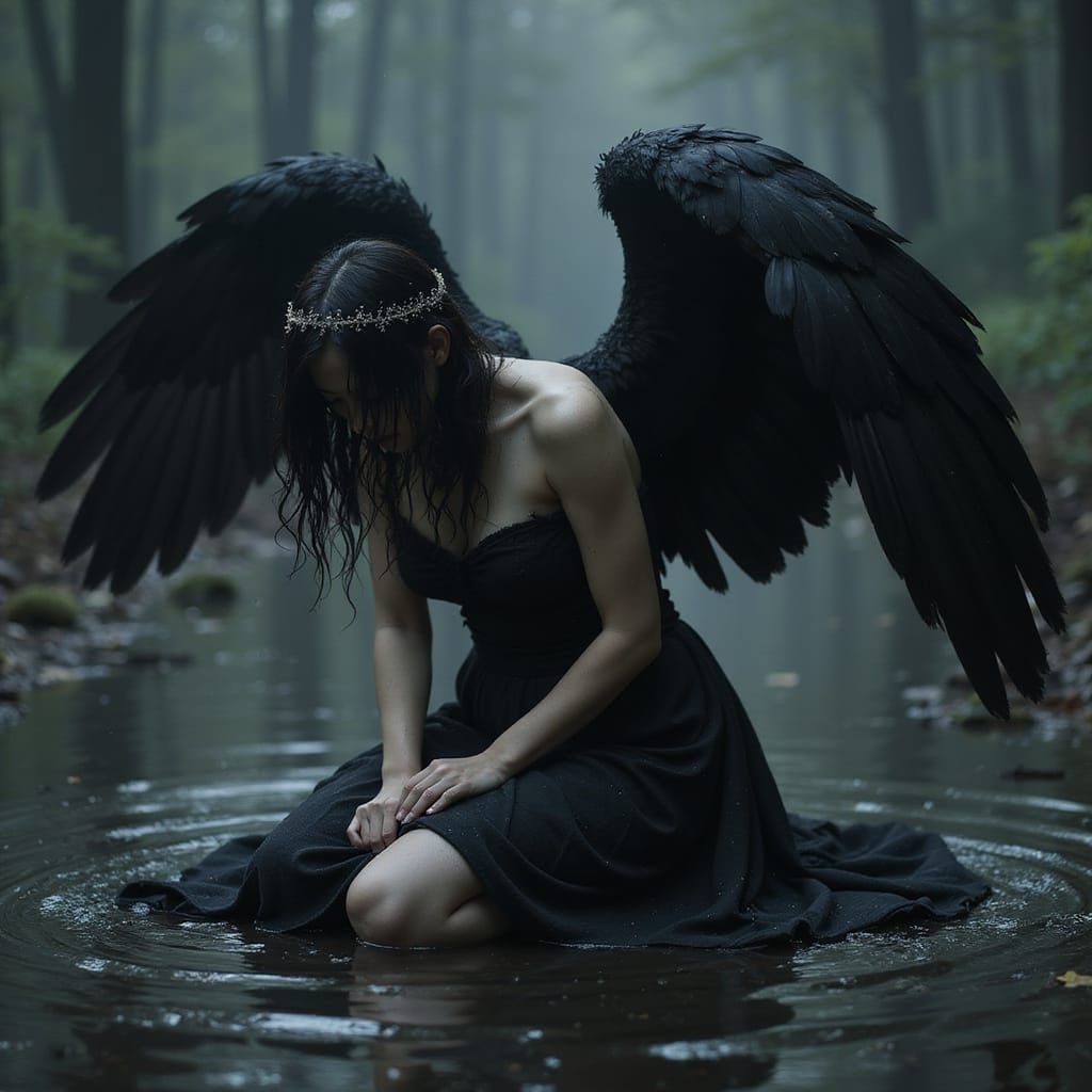 Dark Fantasy Fallen Angel with Tattered Gown