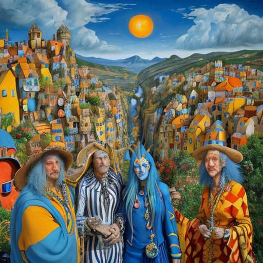 Extravagant Travelers in Dreamlike Landscape