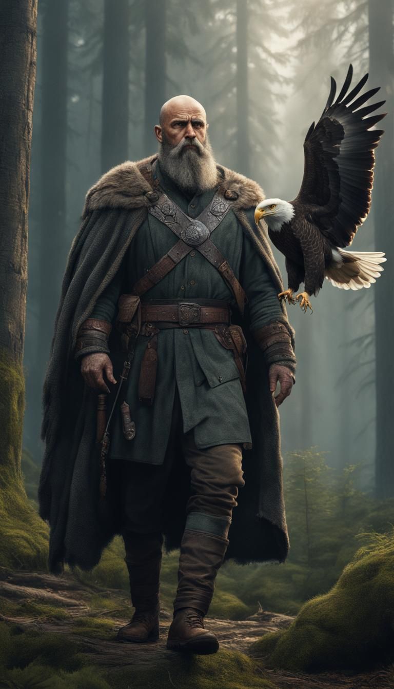 Slavic Man with Falcon and Eagle in Forest