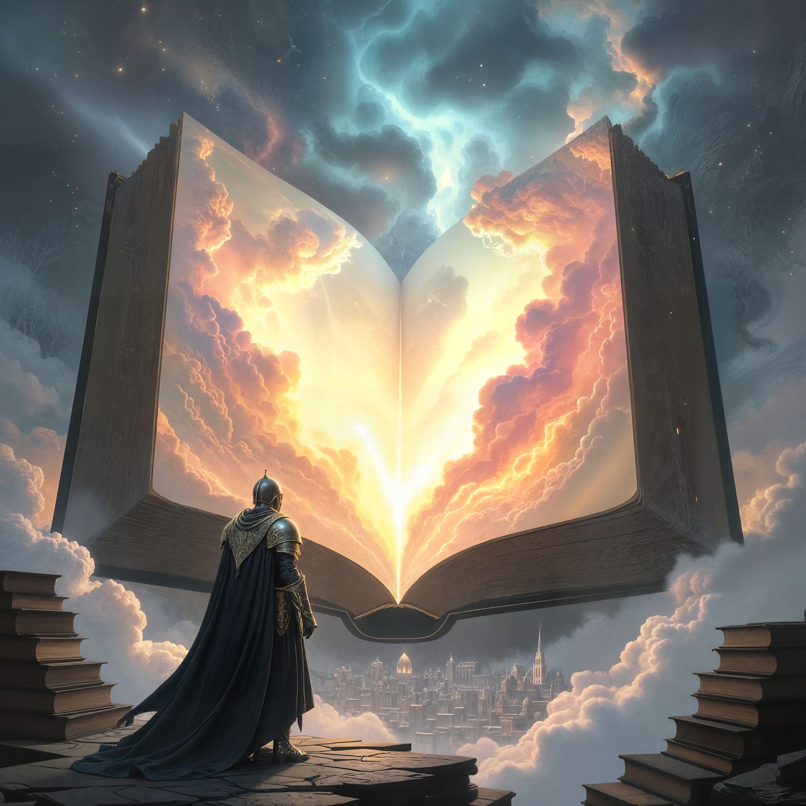 Knight Gazes at Cosmic Nebula Book