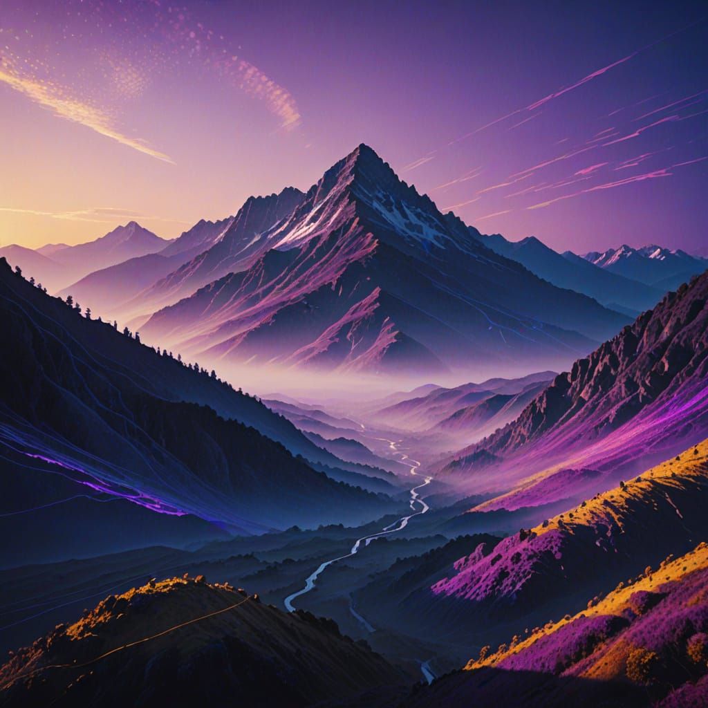 Glitch Art Mountain Scene with Matrix Code