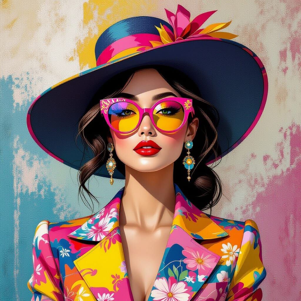 Woman in Hat and Glasses with Pink & Yellow Accents