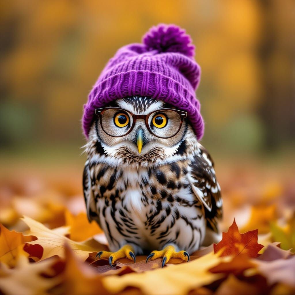 Whimsical Owl on Autumn Leaf in Digital Painting Style