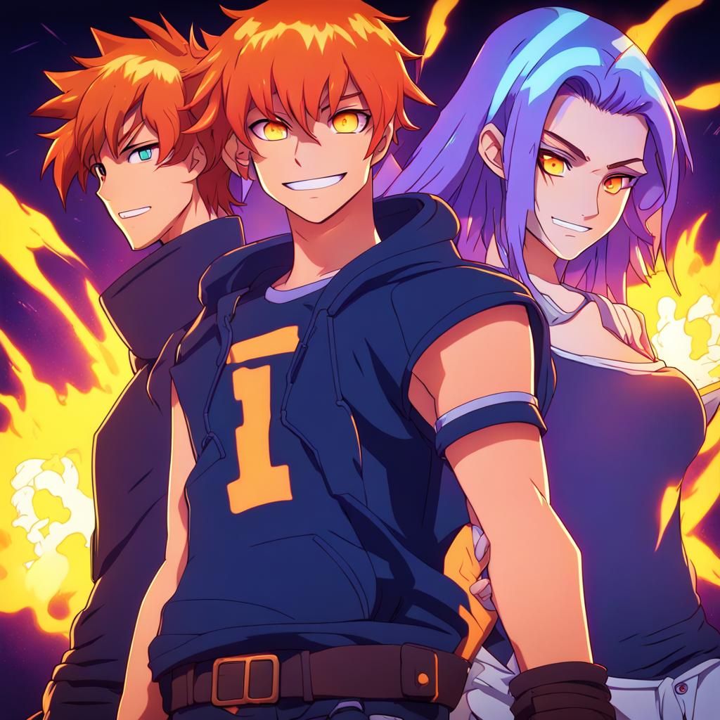 Anime Teens with Glowing Eyes and Fire