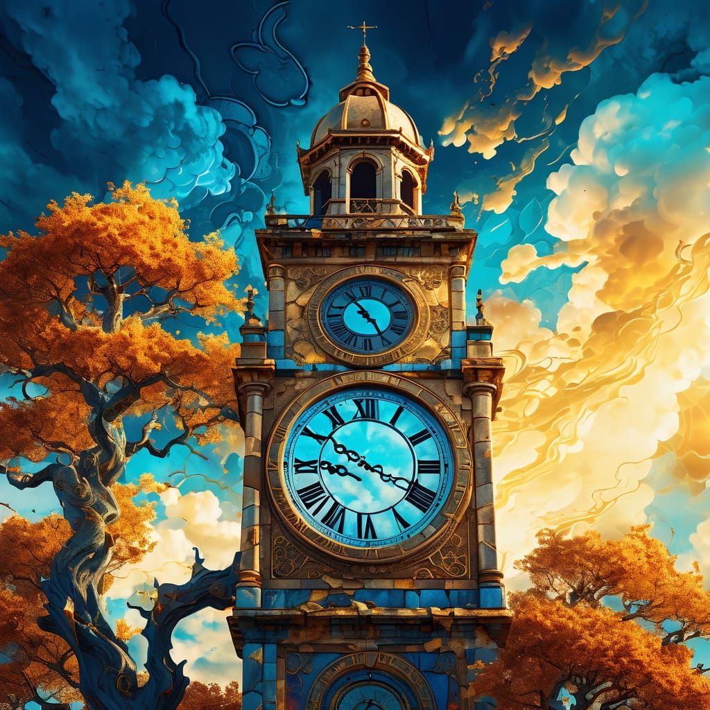 Surreal Clock Tower in Cracked Cloudscape