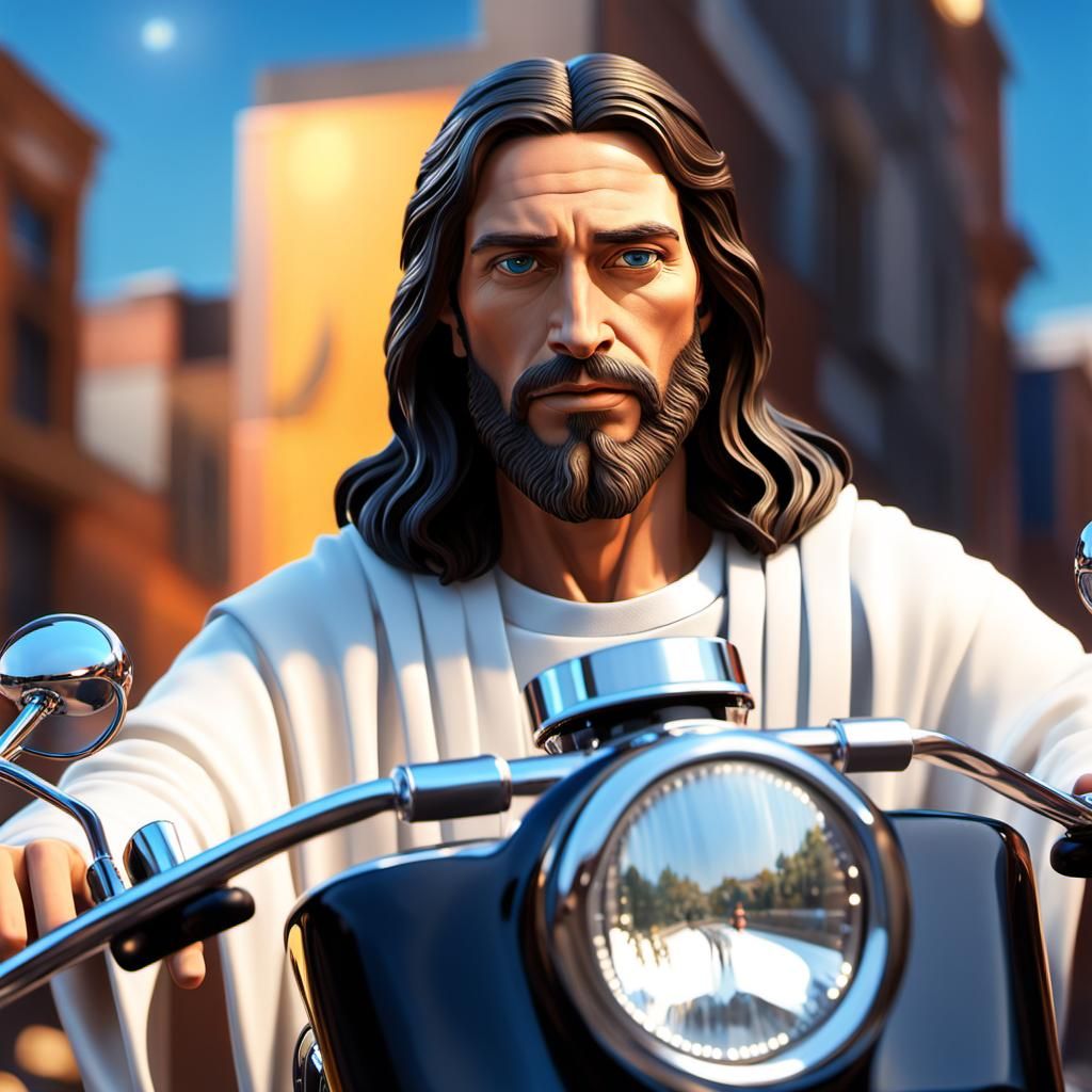 Jesus Christ on Harley-Davidson: 3D Pixar-Style Rendering