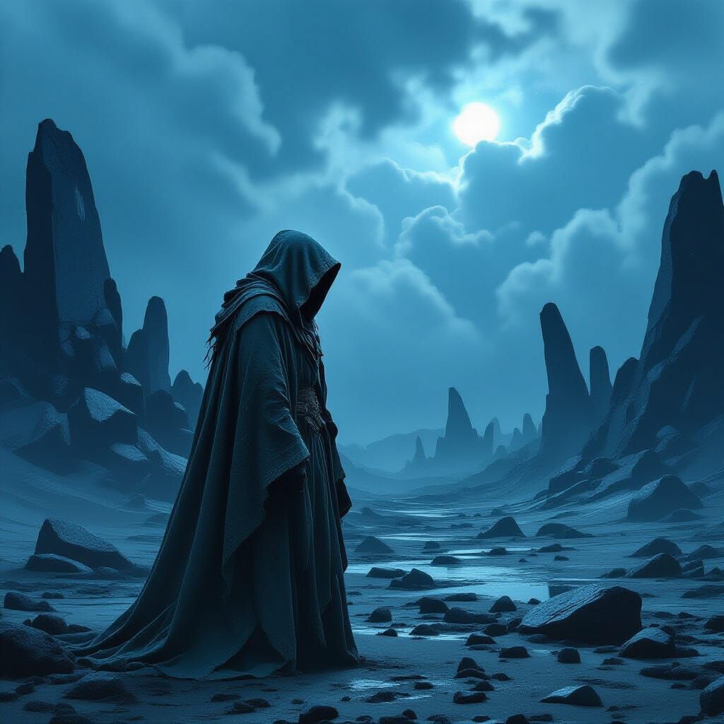 Robed Figure on Alien Planet Under Swirling Sky