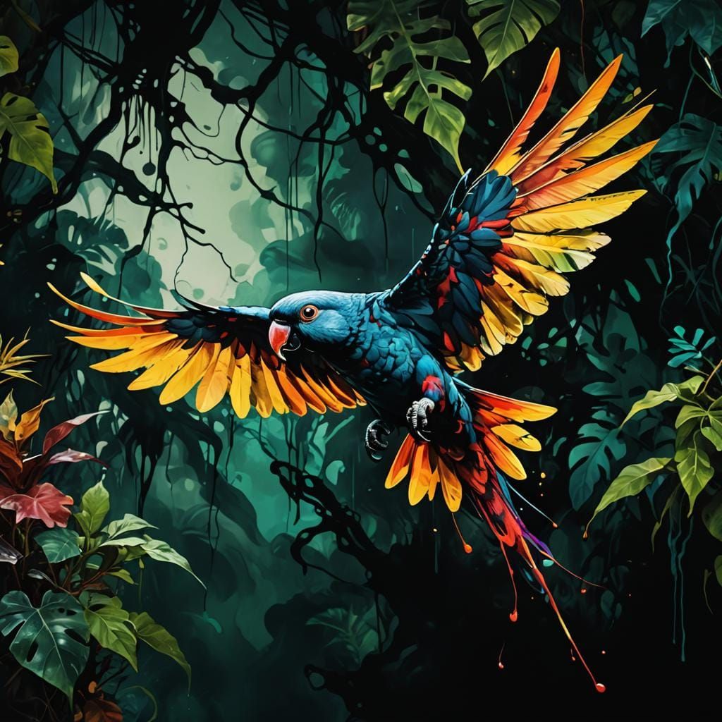 Surreal Parrot Dissolving into Ink in Expressionist Style