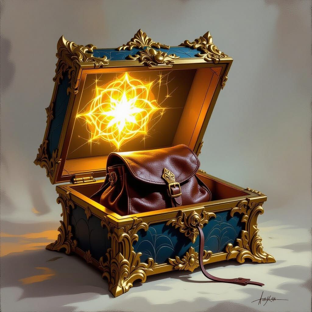 Ornate Magical Box with Golden Frames Holding a Leather Bag