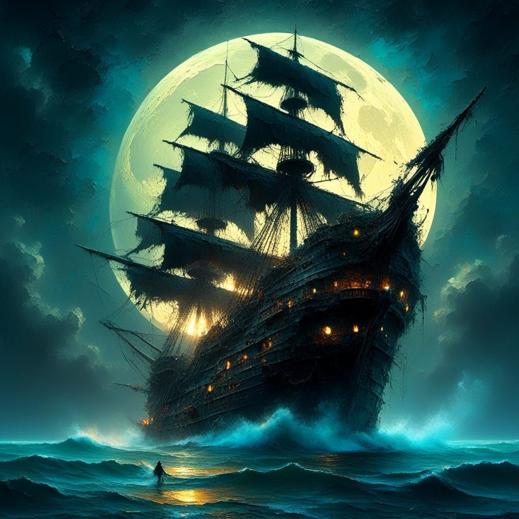 Ghost Pirate Ship on the Ocean at Night