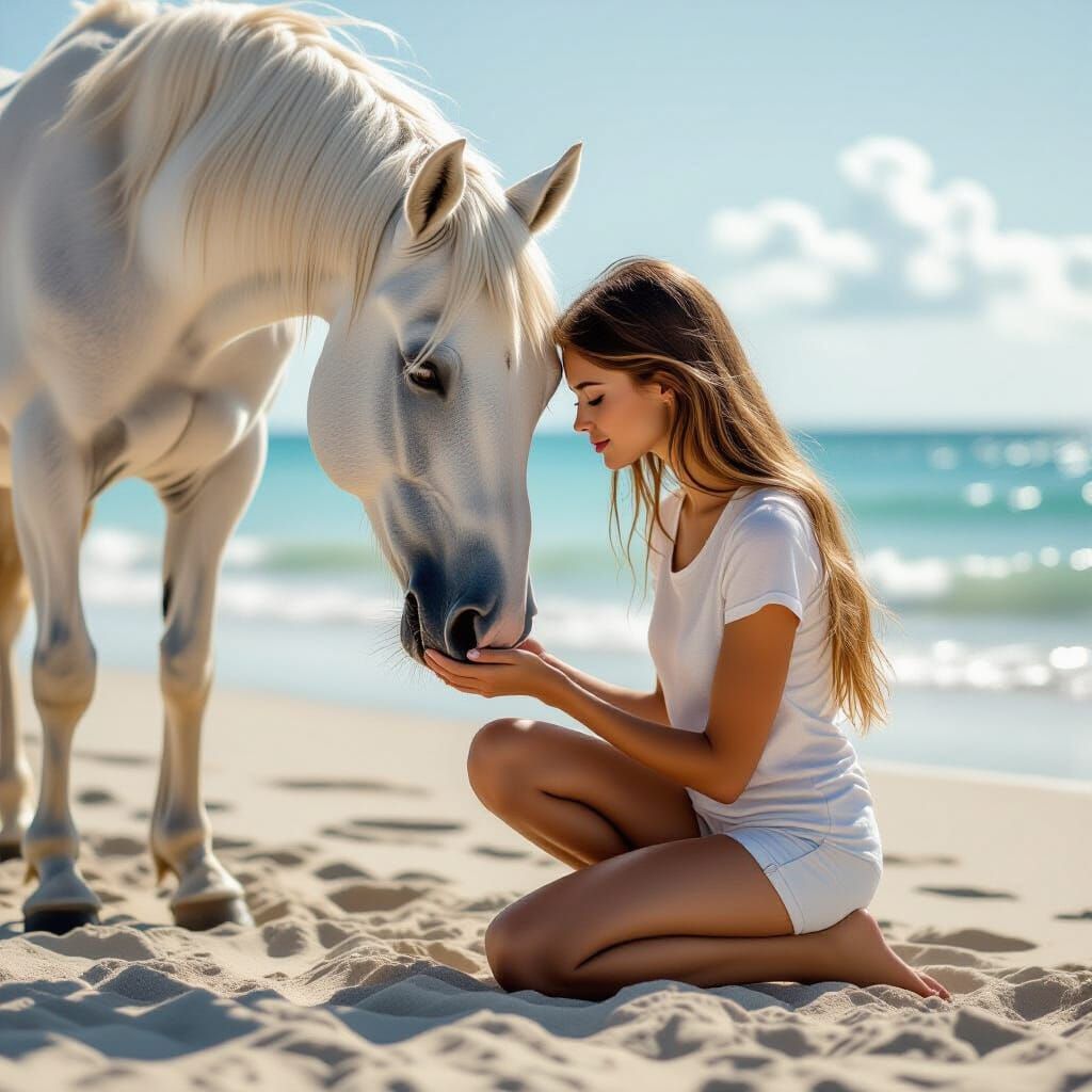 Woman and White Horse on Beach, Delicate Brushstrokes
