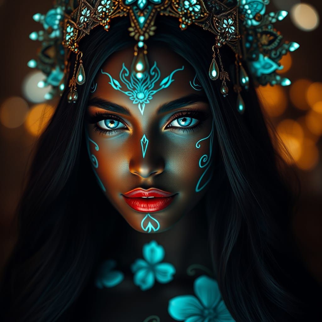 Mysterious Dark Skinned Woman with Glowing Tattoos and Flora...