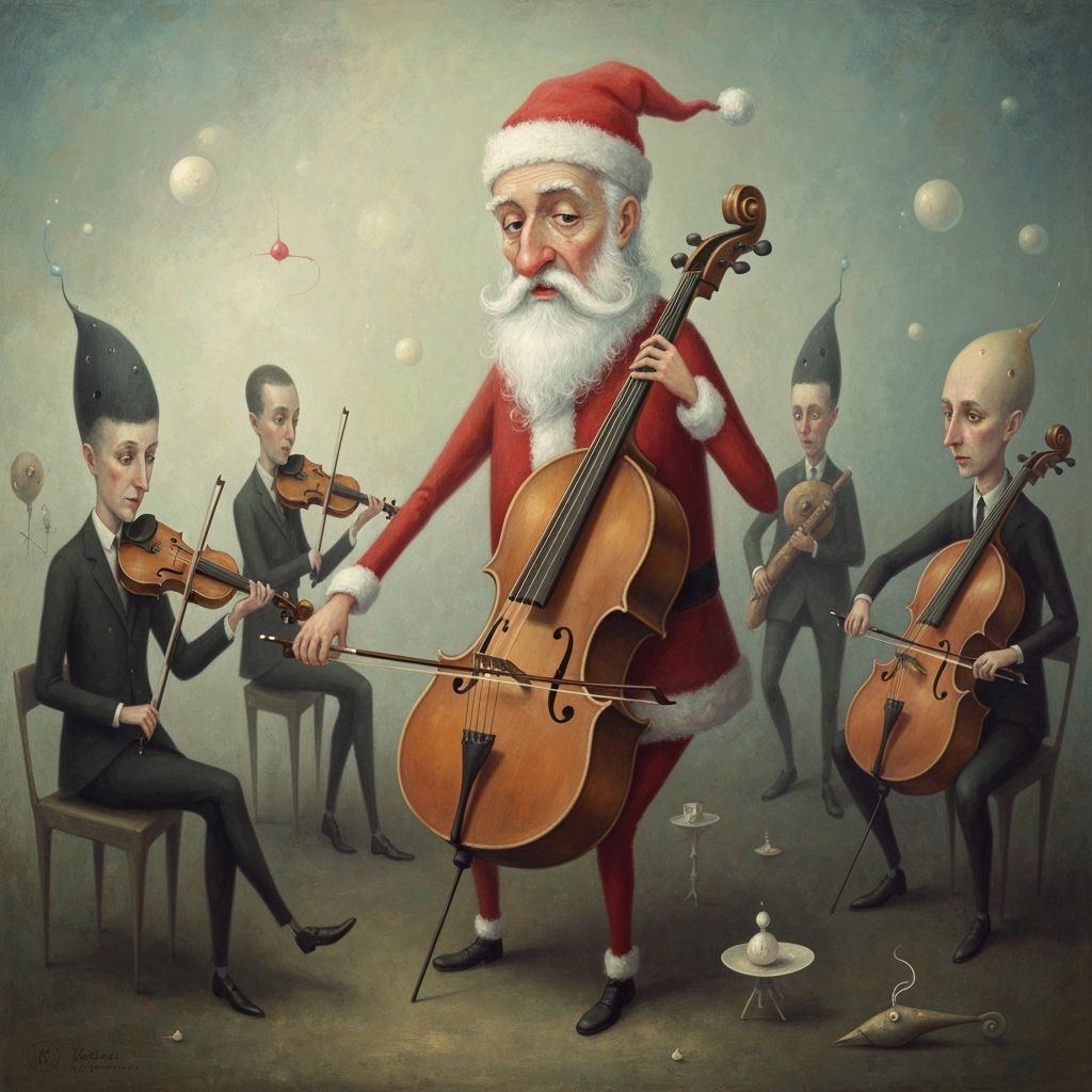 Whimsical Santa Claus Plays Cello in Surreal Orchestra