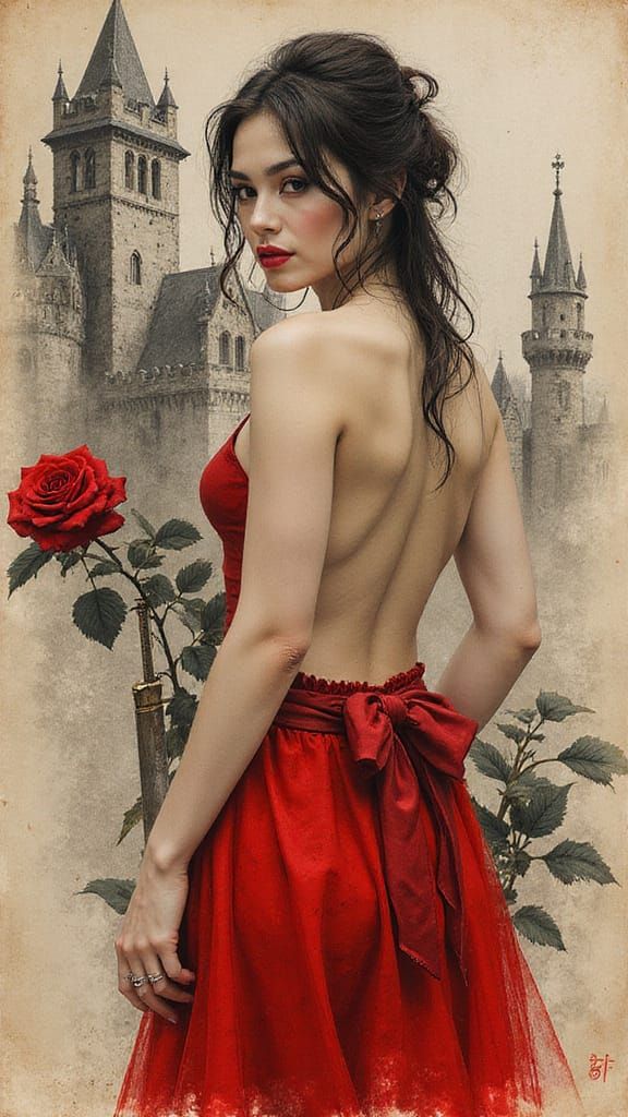 Elegant Vampiress Portrait with Knife in Watercolor Style