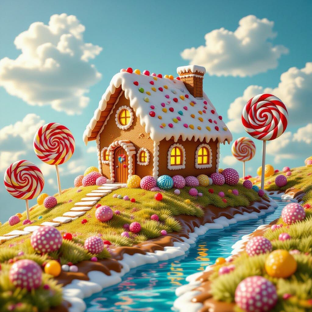 Hyperrealistic Candy Dreamscape with Gingerbread House