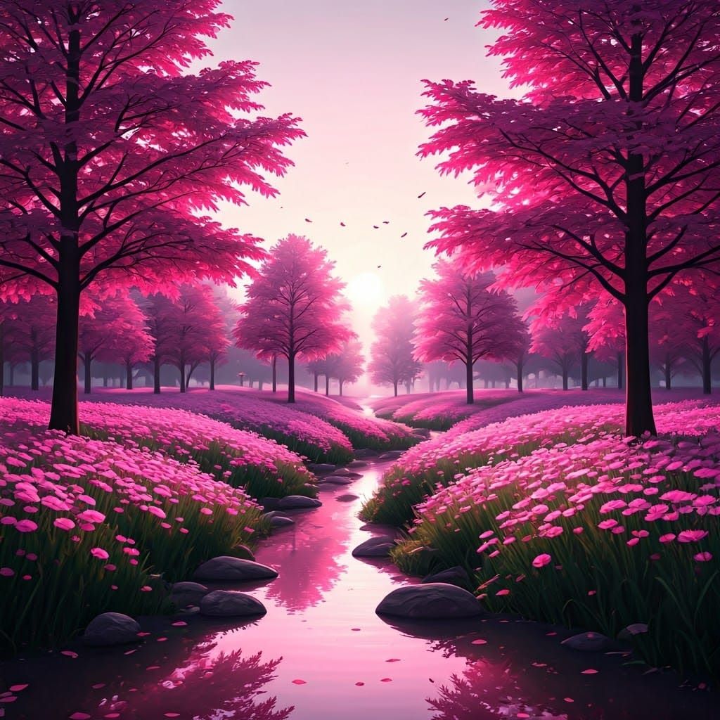 Pink Floral Landscape with Reflections