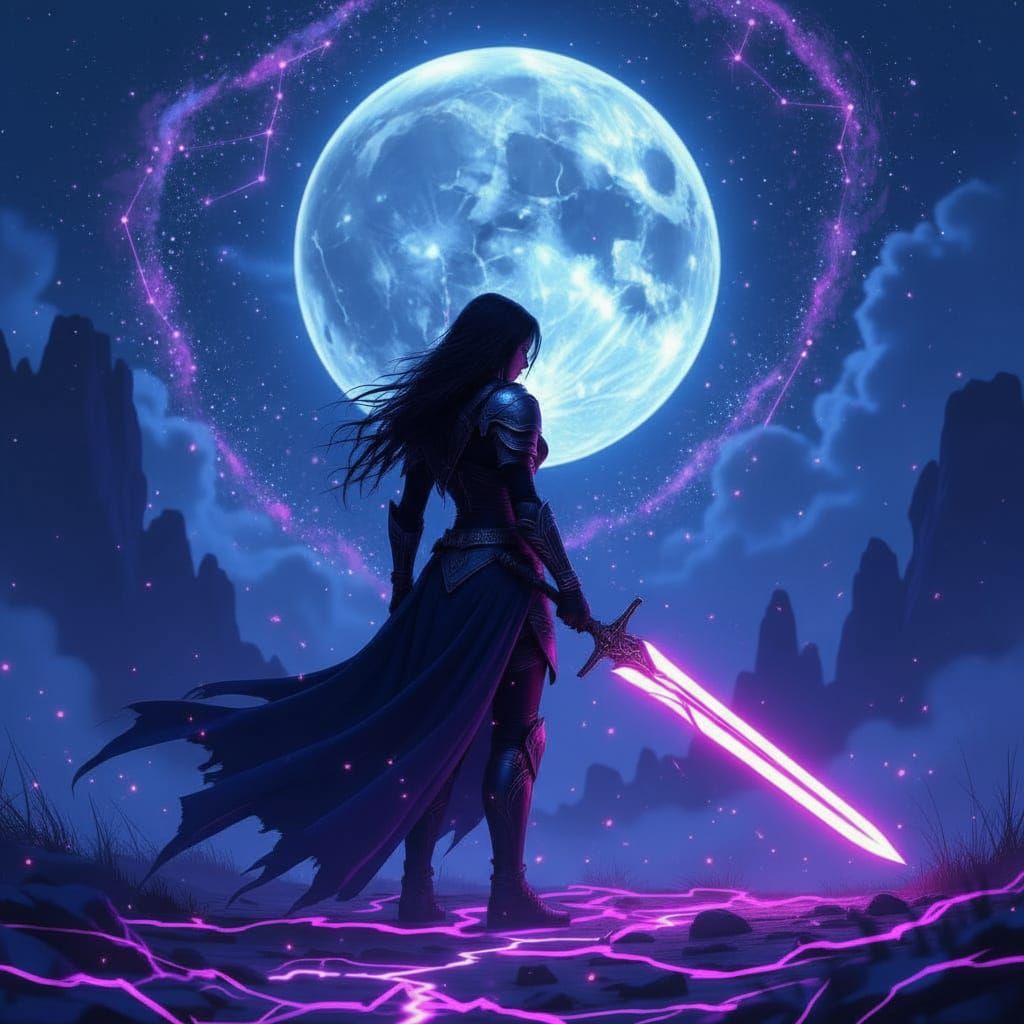 Lone Warrior Under Fractured Moon in Fantasy Battle