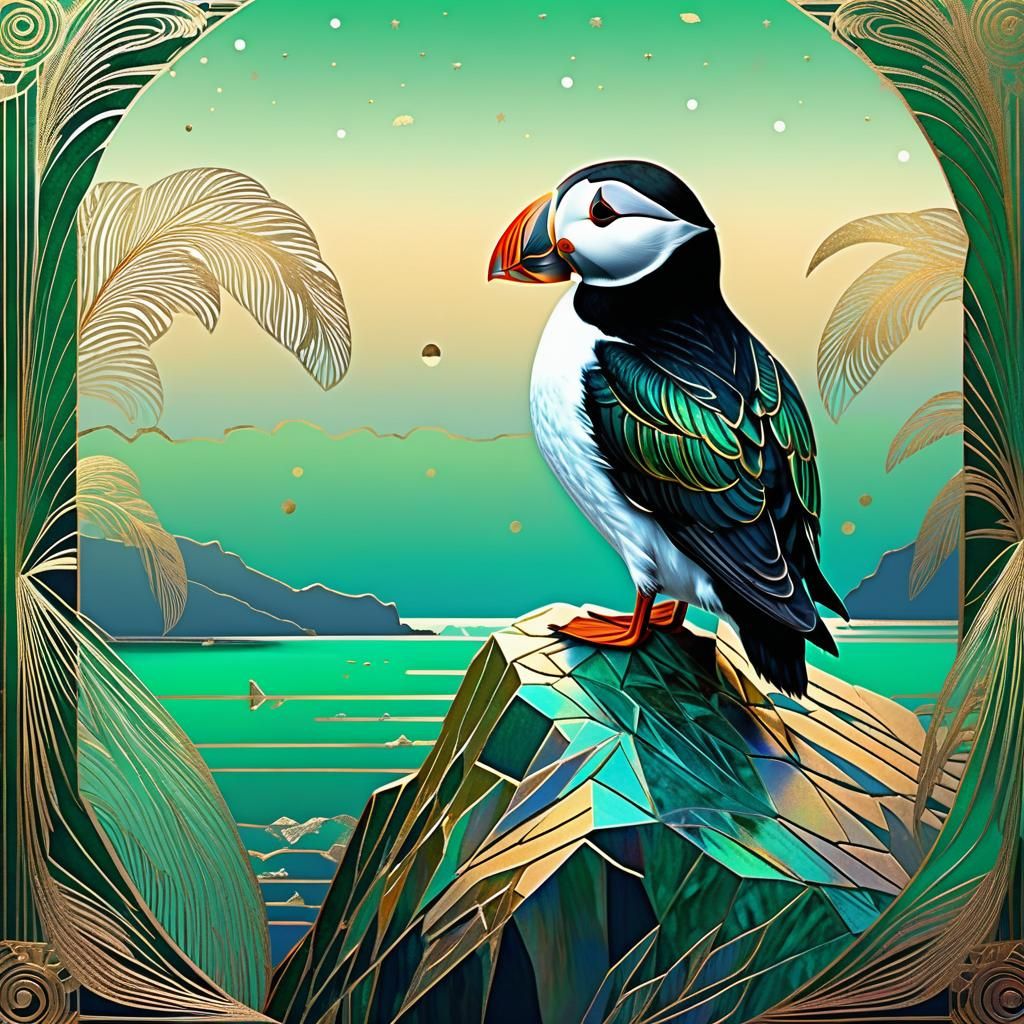 Art Deco Puffin Illustration with Geometric Patterns