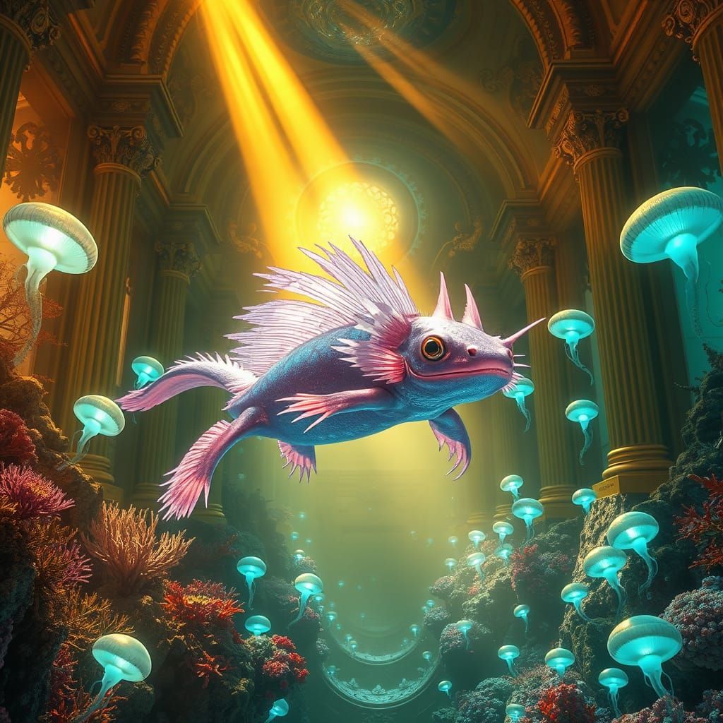 Ethereal Axolotl in Underwater Palace of Glowing Coral and B...