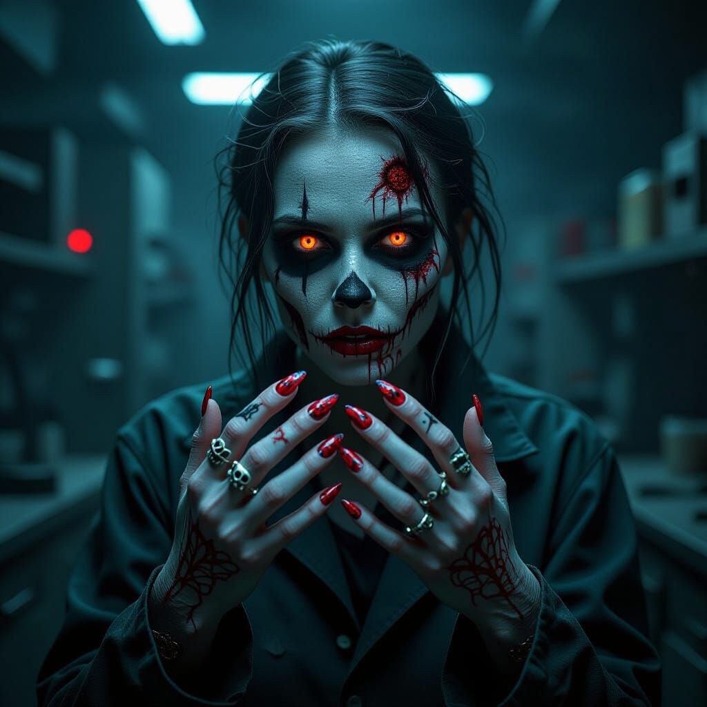 Zombie With Intricate Nail Art in Eerie Lab