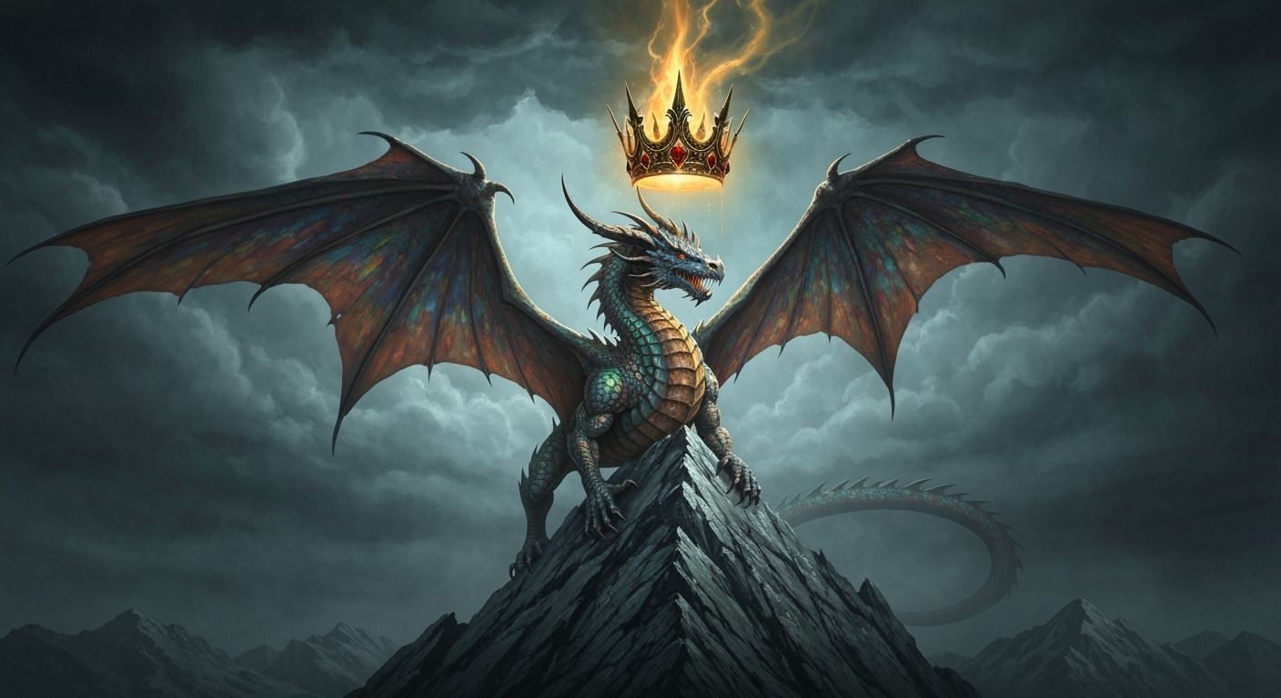 Majestic Dragon King on Mountain Peak in Alcohol Ink Style