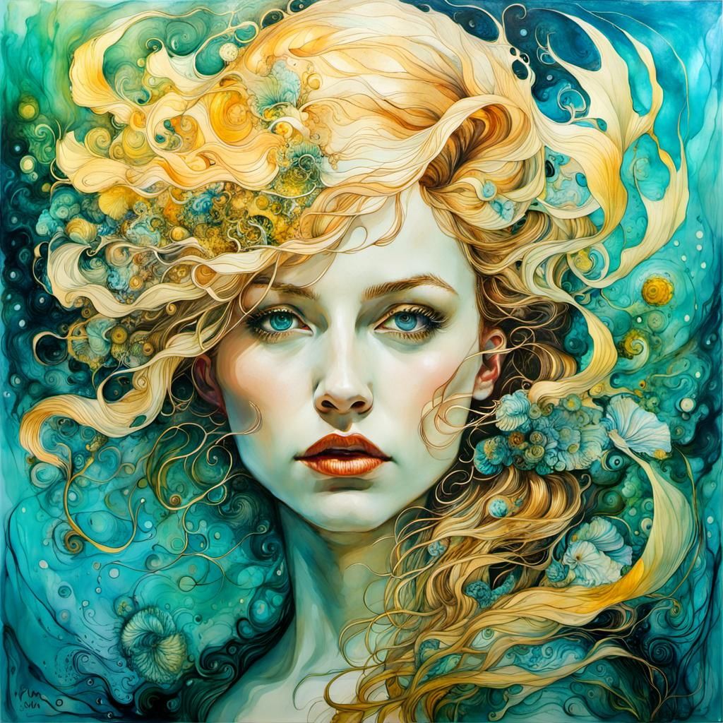 Encaustic Underwater World in Van Gogh Style