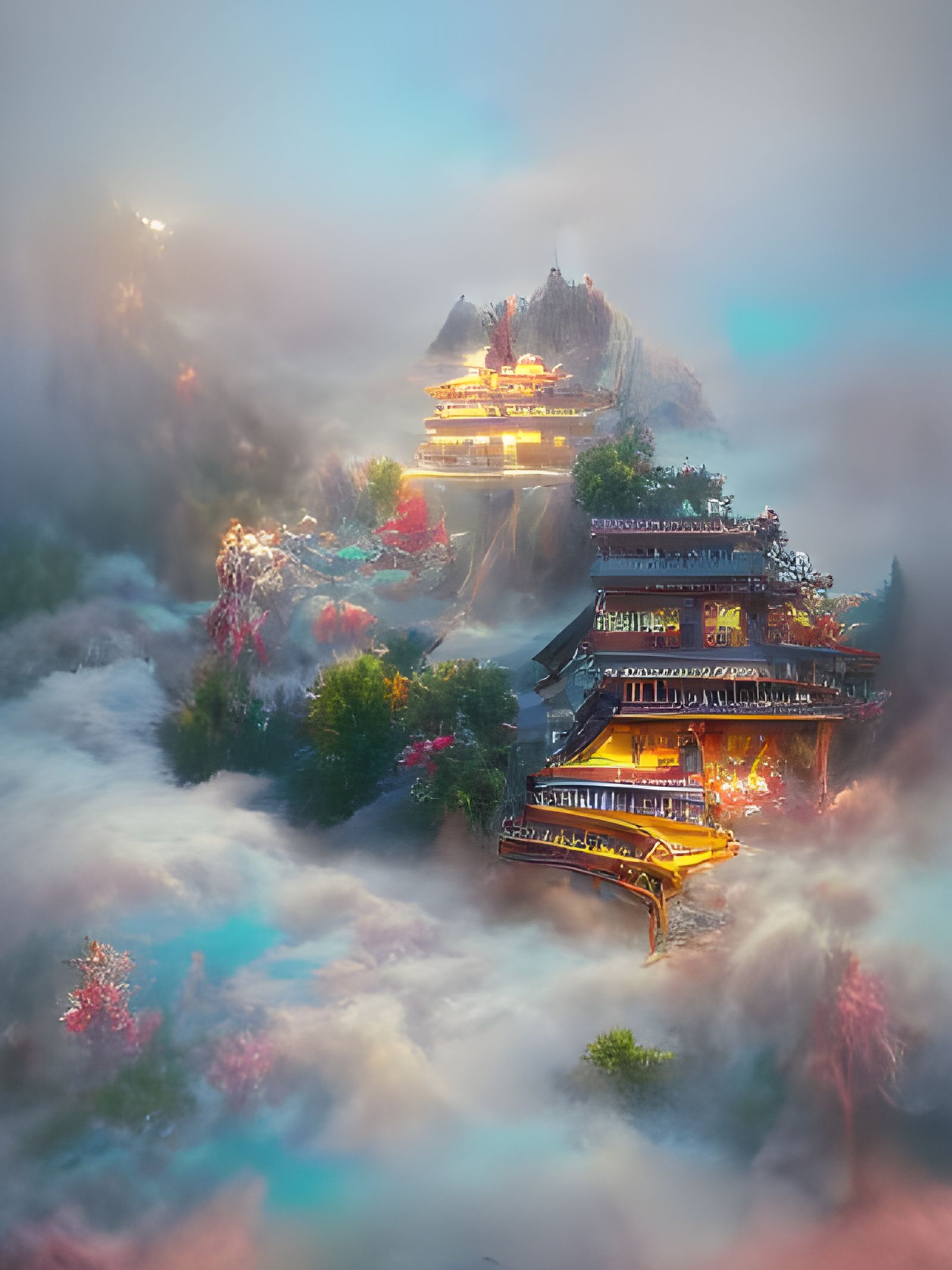 Ethereal Chinese Temple on Mountain in Kinkade Style