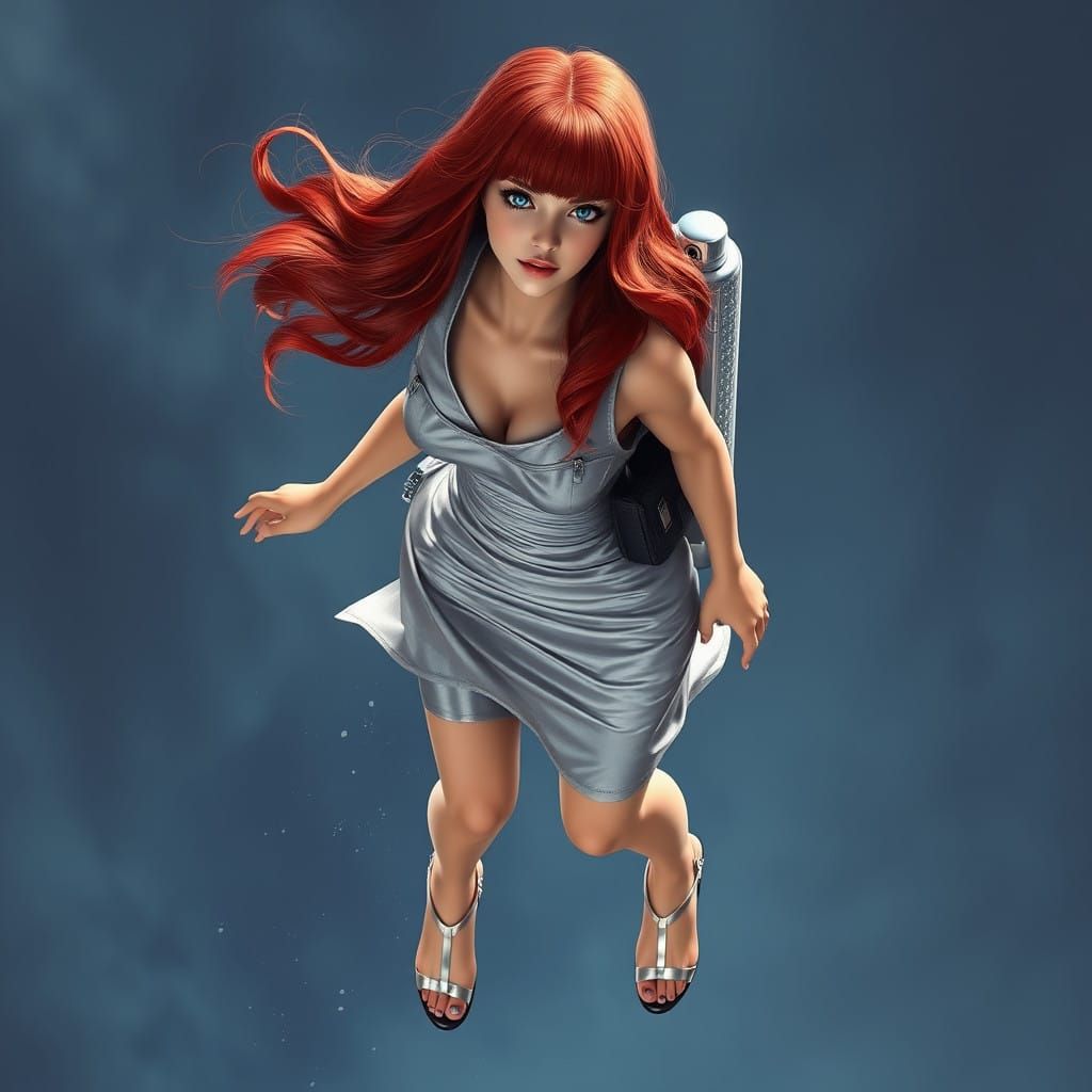 Fantastical Redhead Woman Defies Gravity with Jetpack