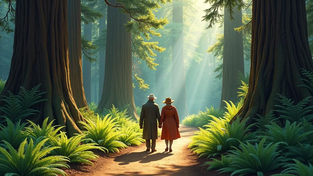 Elderly Couple Stroll Through Redwood Forest