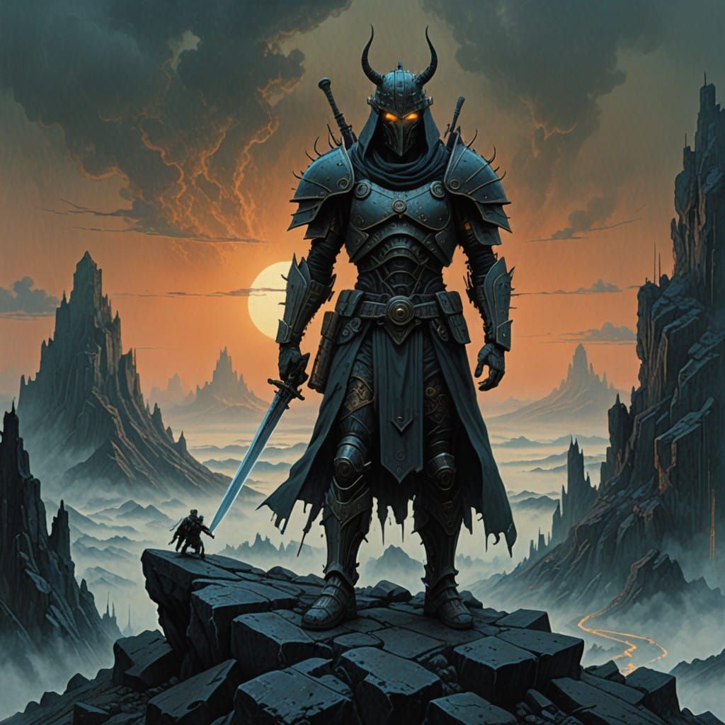 Mystical Warrior on Misty Peak in Dark Fantasy Style