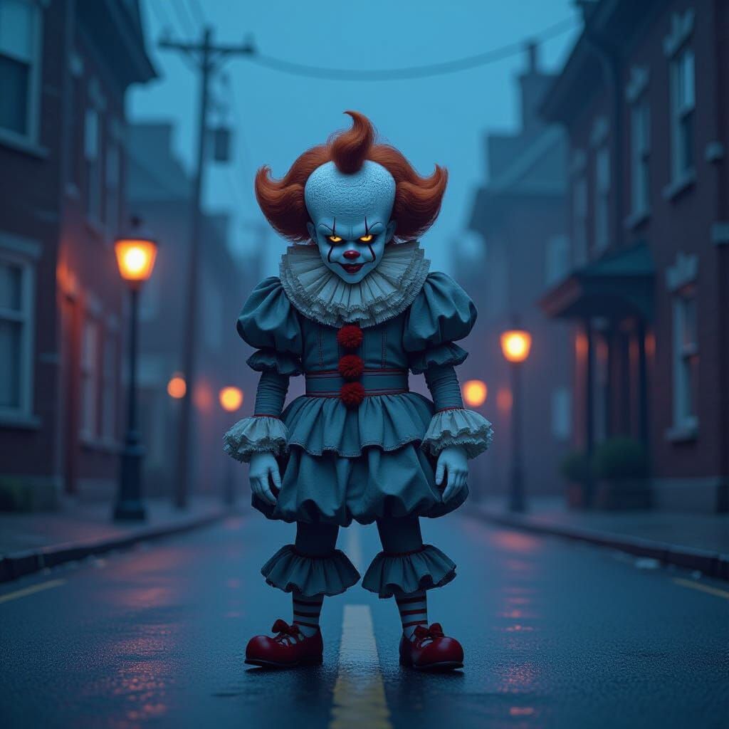 Pennywise on Empty Street in Whimsical Fantasy Style