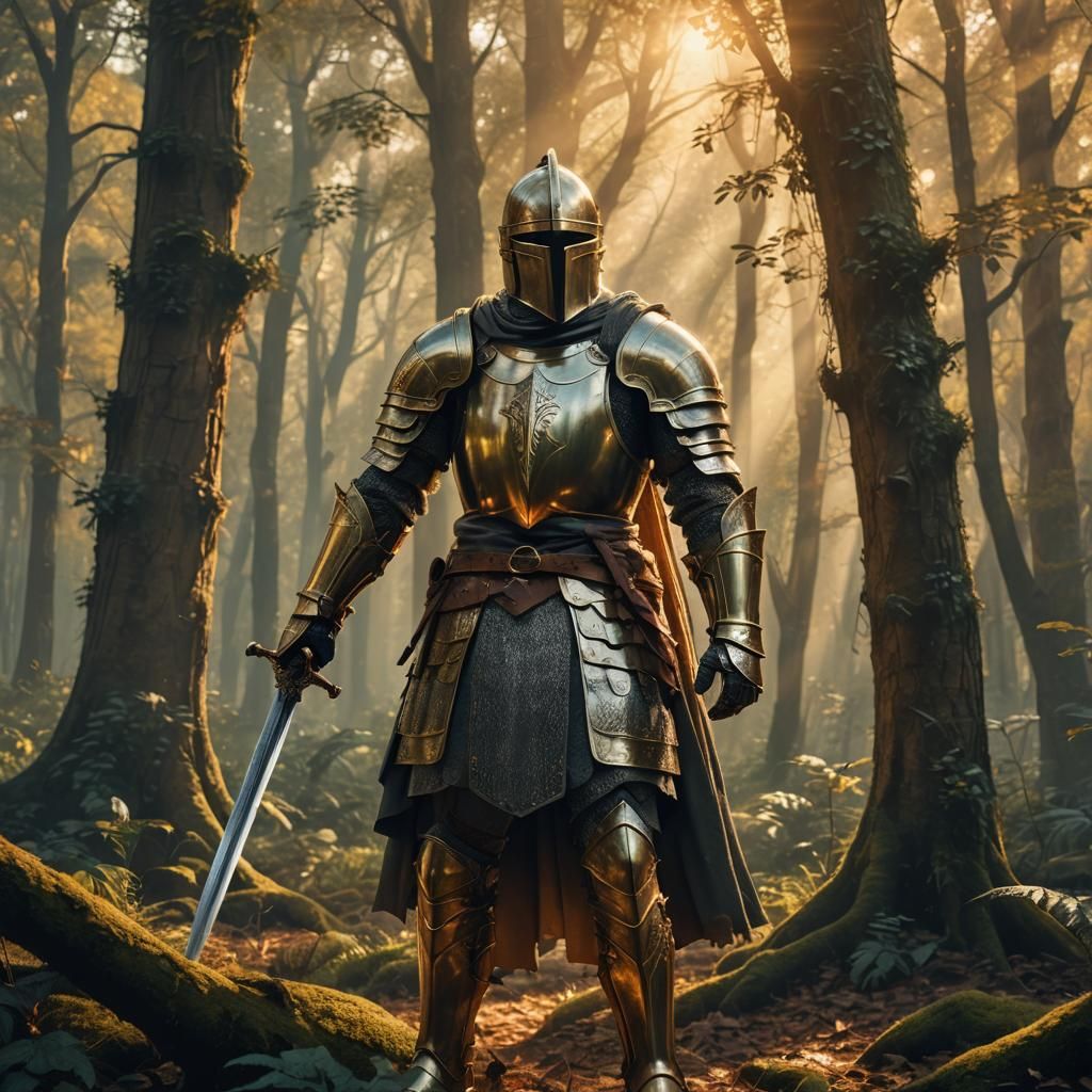 Heroic Knight in Mystical Forest Digital Art