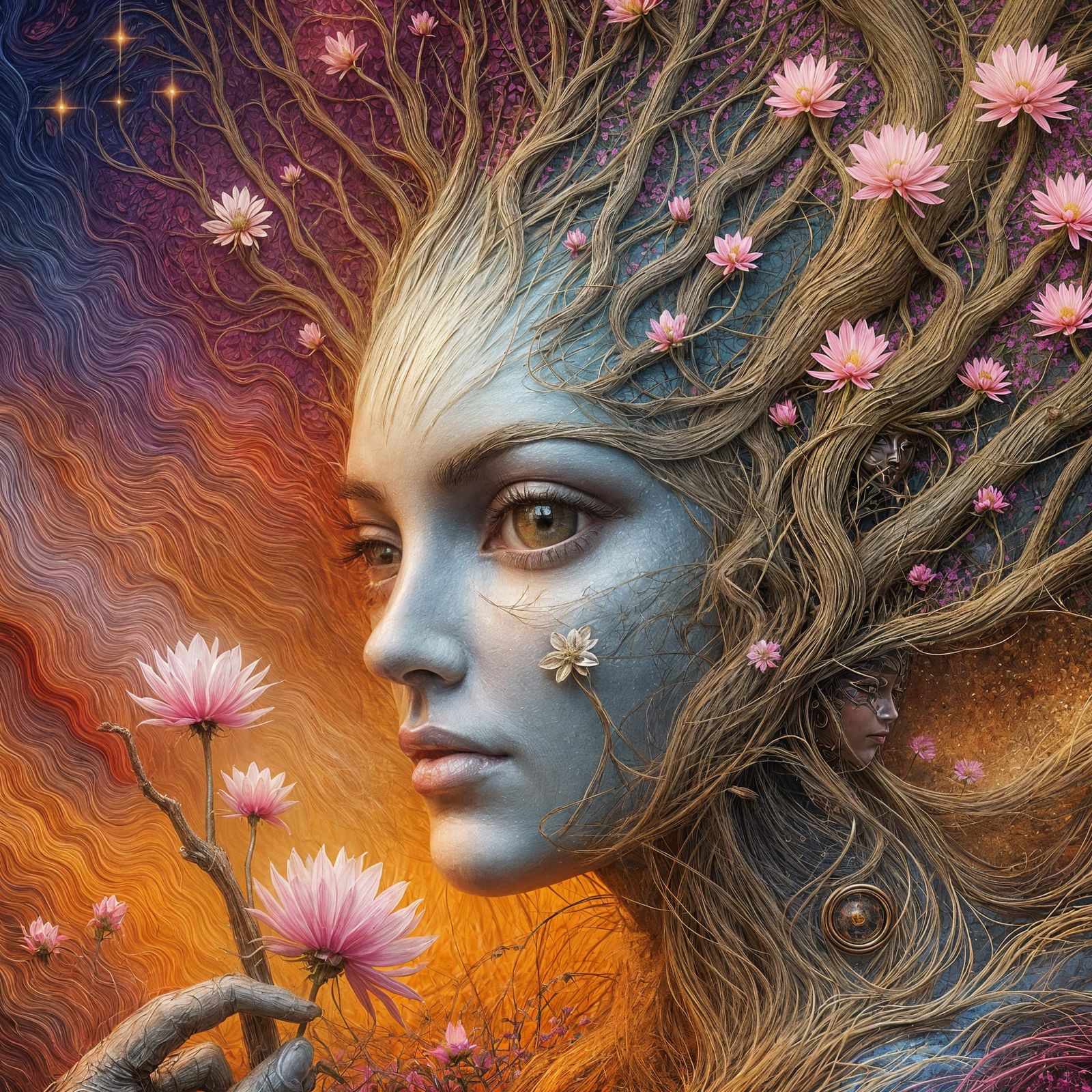 Ethereal Cyborg Woman Amidst Whispers of Beauty and Bloom