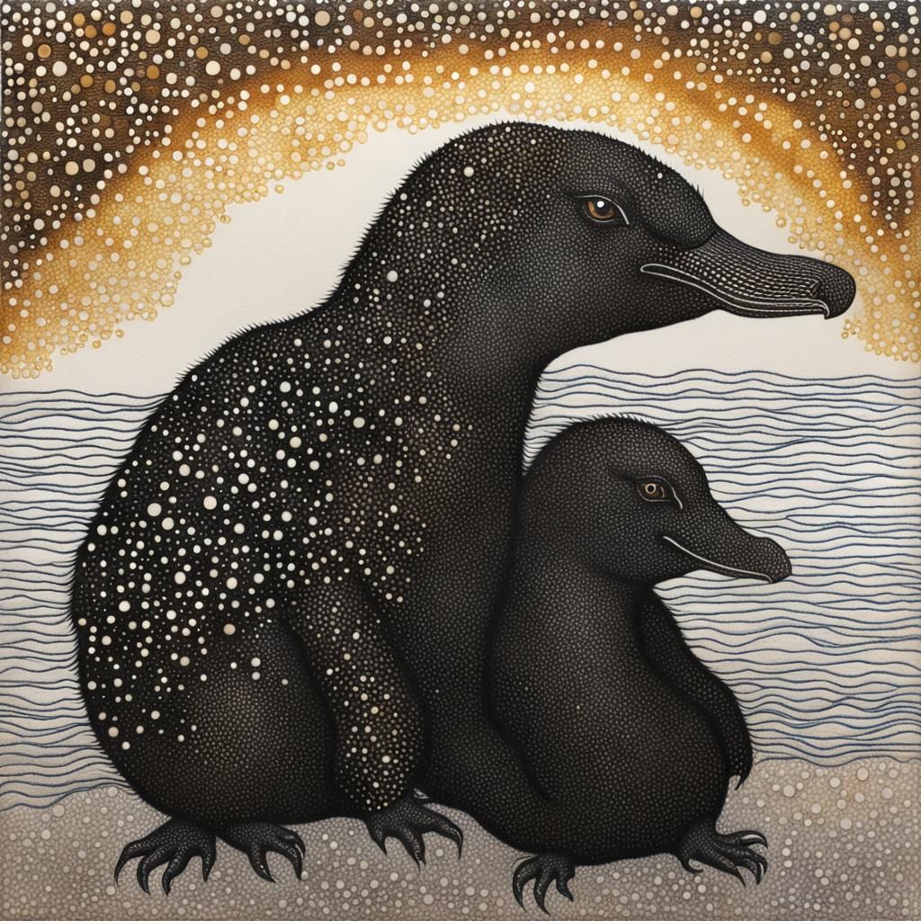 Playful Platypus Mother and Baby in Aboriginal Dot Art