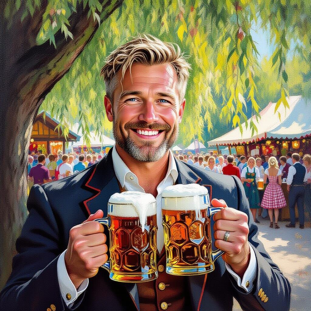 Man in Tracht Suit with Beer Mugs in Oktoberfest Style