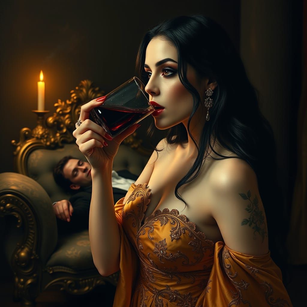 Vampire in Luxurious Gold-Embroidered Gown Sipping Blood