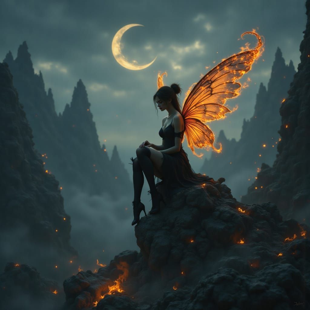 Ethereal Fire Fairy in Dark Surrealist Landscape