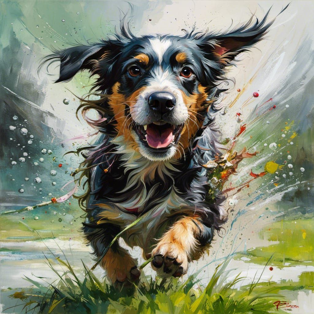 Dog Playing Fetch in Field: Oil Painting
