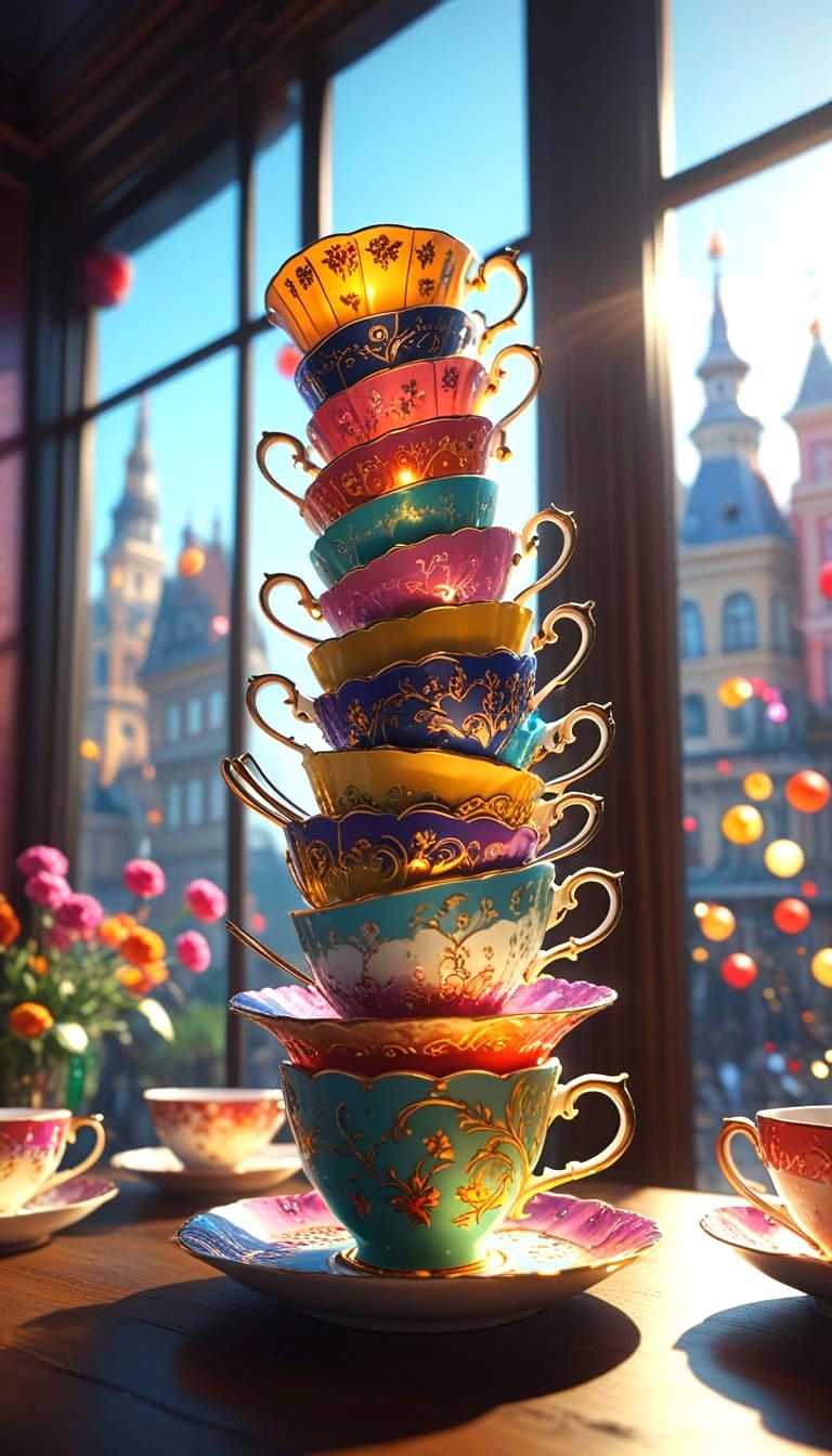 Whimsical Teacup Tower Reaching Skyward in Triadic Colors