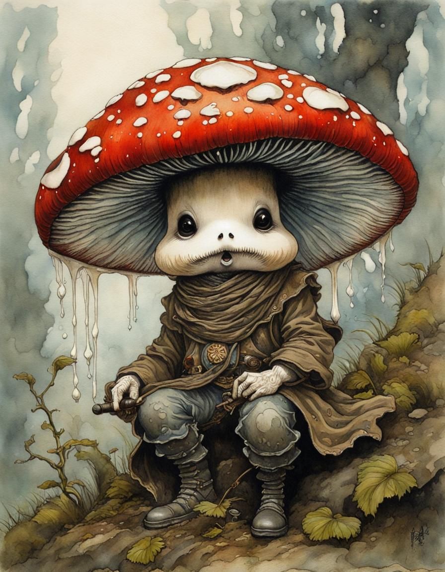 Whimsical Chibi Mushroom Man in Art Nouveau Gouache