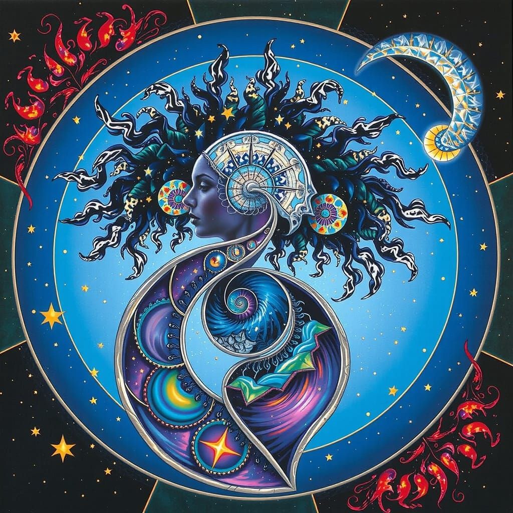 Woman's Face in Starry Night with Geometric Patterns