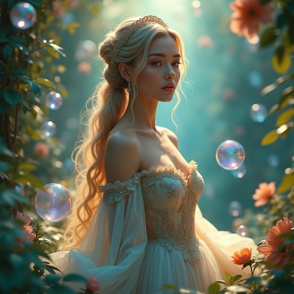 Iridescent Bubbles: A Princess in a Fantasy Landscape